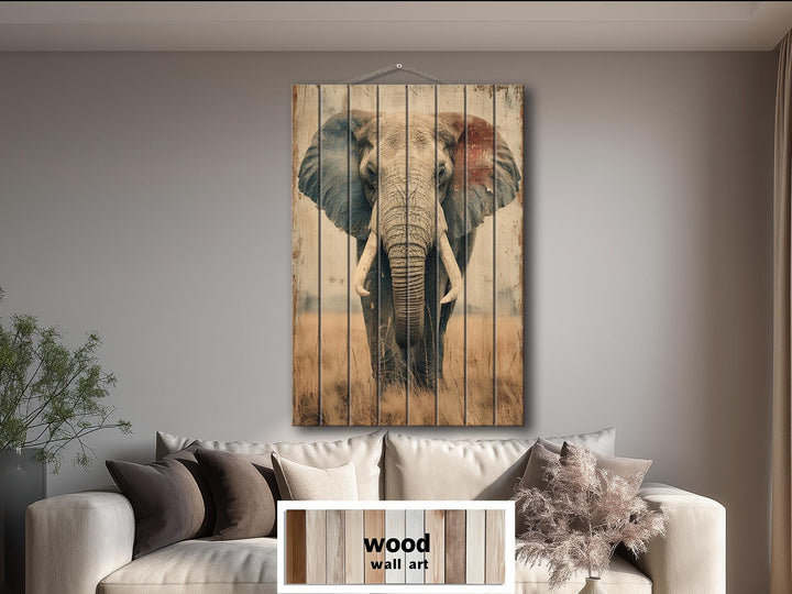 African elephant distressed wood wall art featuring a majestic elephant on vertical planks.