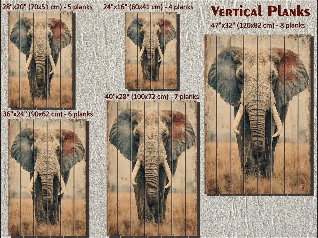 Distressed wood wall art featuring an African elephant, available in five vertical plank sizes.