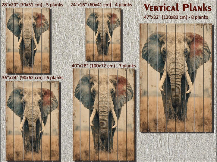 Distressed wood wall art featuring an African elephant, available in five vertical plank sizes.