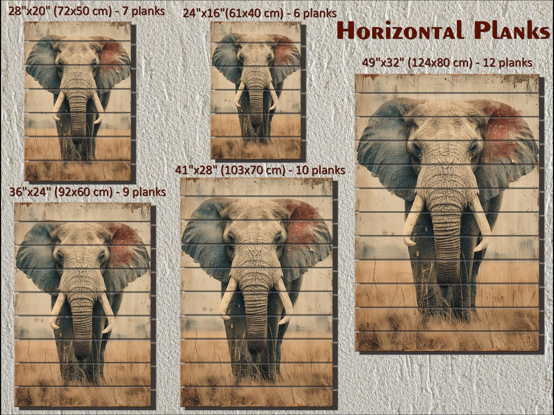 Distressed wood wall art featuring an African elephant in five different horizontal plank sizes.