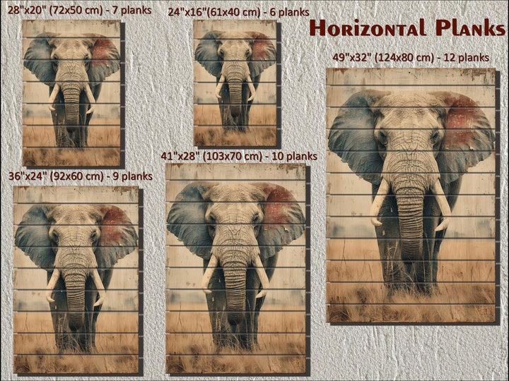 Distressed wood wall art featuring an African elephant in five different horizontal plank sizes.