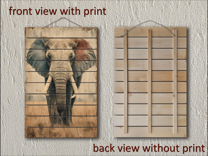 African elephant wall art printed on distressed vertical wood planks with a rustic hanging rope.
