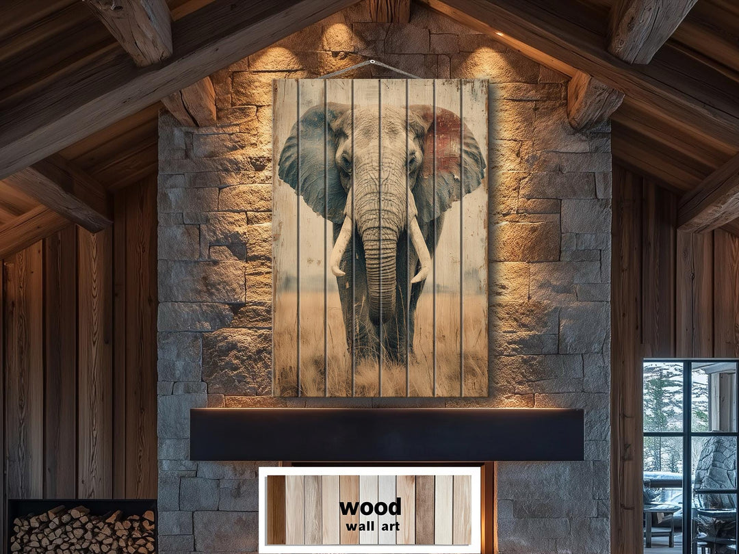 African elephant distressed wood wall art hanging on a stone fireplace in a rustic room.