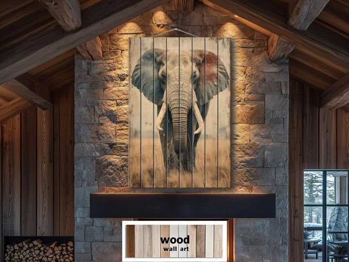 African elephant distressed wood wall art hanging on a stone fireplace in a rustic room.