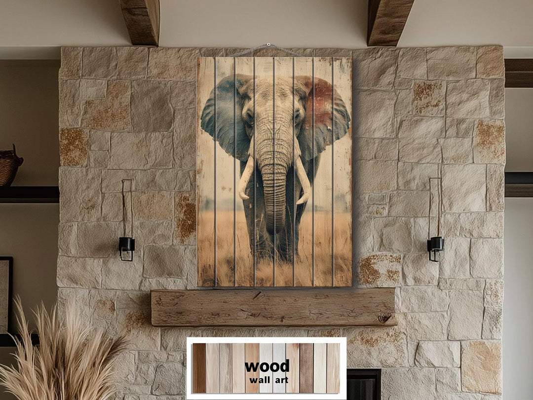 African elephant portrait printed on vertical distressed wood planks for rustic wall decor.