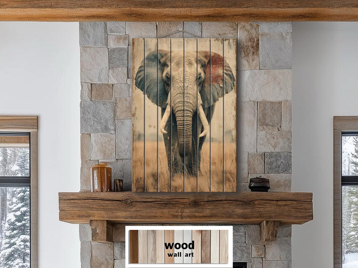 African elephant distressed wood wall art hanging above a rustic stone fireplace.