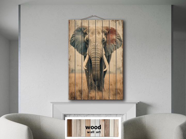 African elephant distressed wood wall art featuring a majestic elephant on vertical planks.