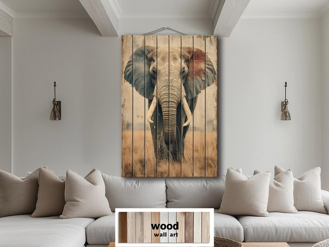 African elephant distressed wood wall art featuring a majestic elephant on vertical planks.