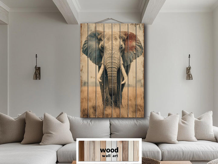 African elephant distressed wood wall art featuring a majestic elephant on vertical planks.