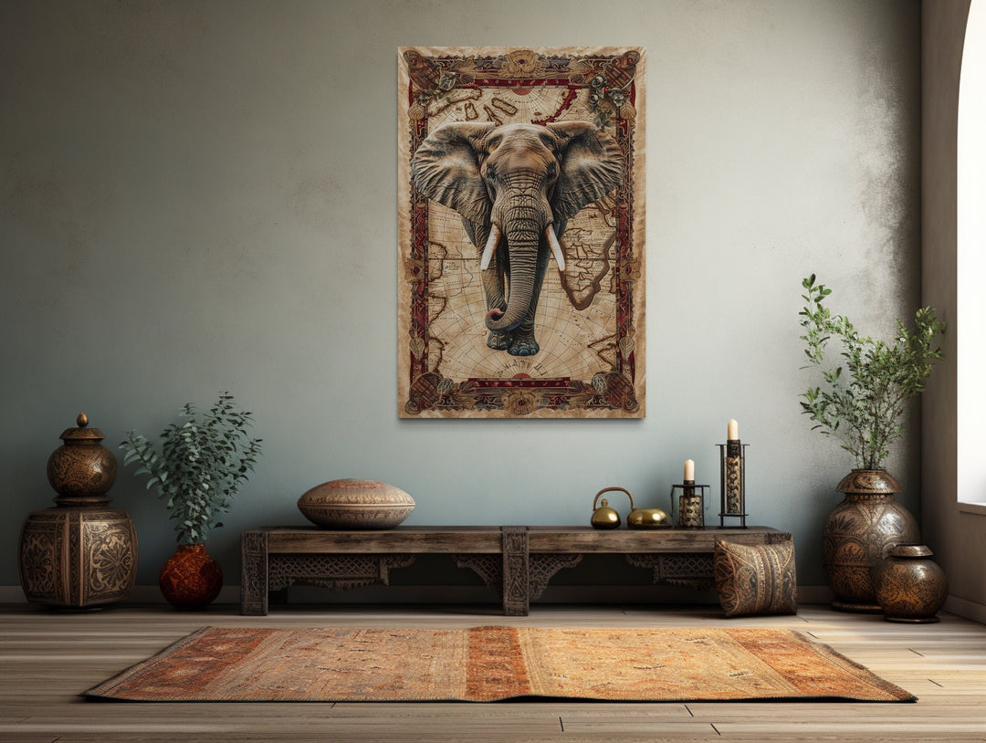 African Elephant On The Map Tapestry Style Painting Canvas Wall Art