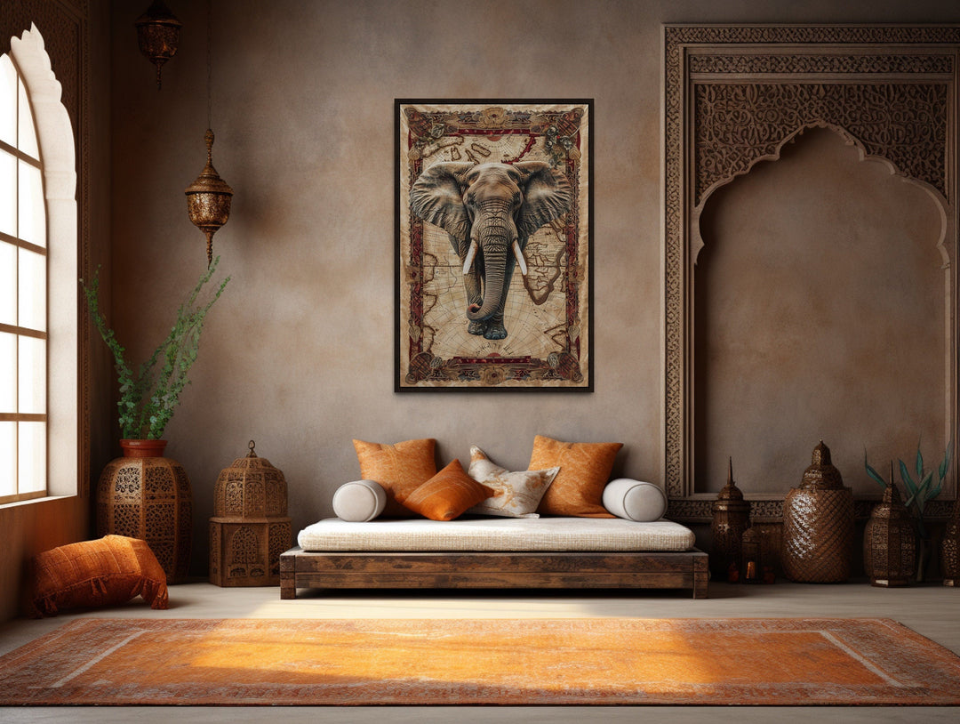 African Elephant On The Map Tapestry Style Painting Canvas Wall Art