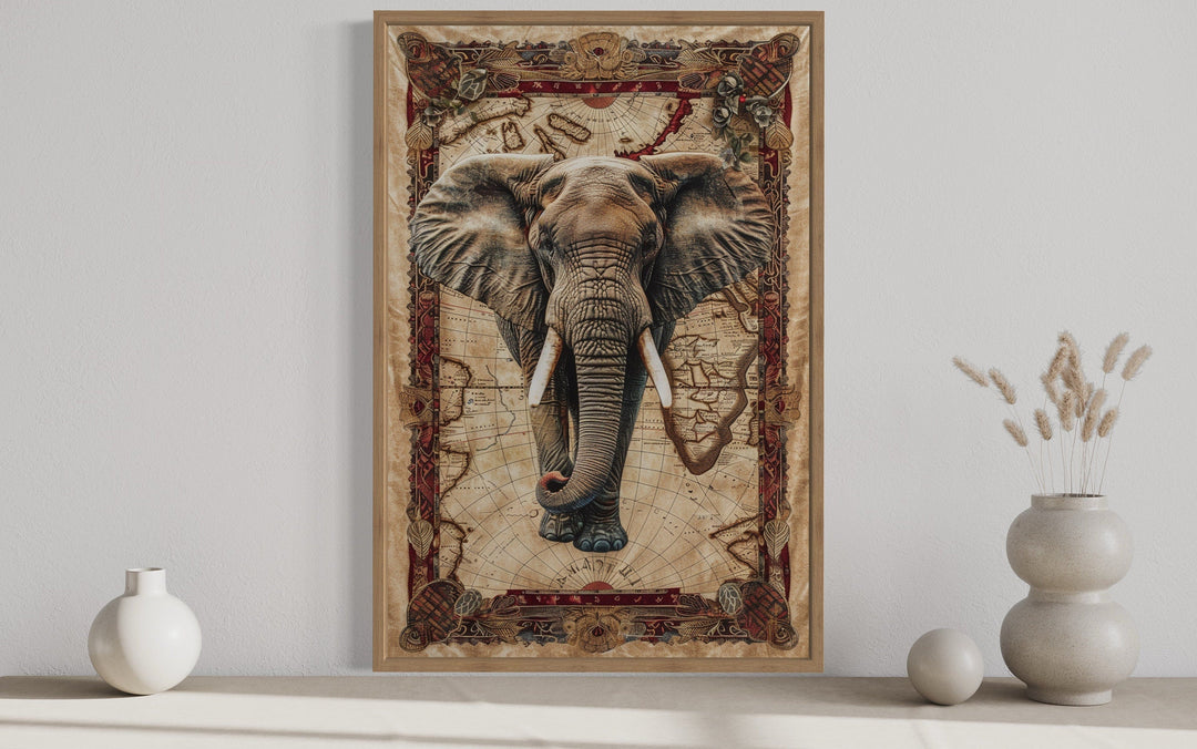 African Elephant On The Map Tapestry Style Painting Canvas Wall Art