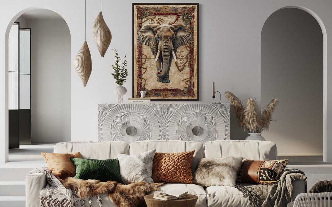 African Elephant On The Map Tapestry Style Painting Canvas Wall Art