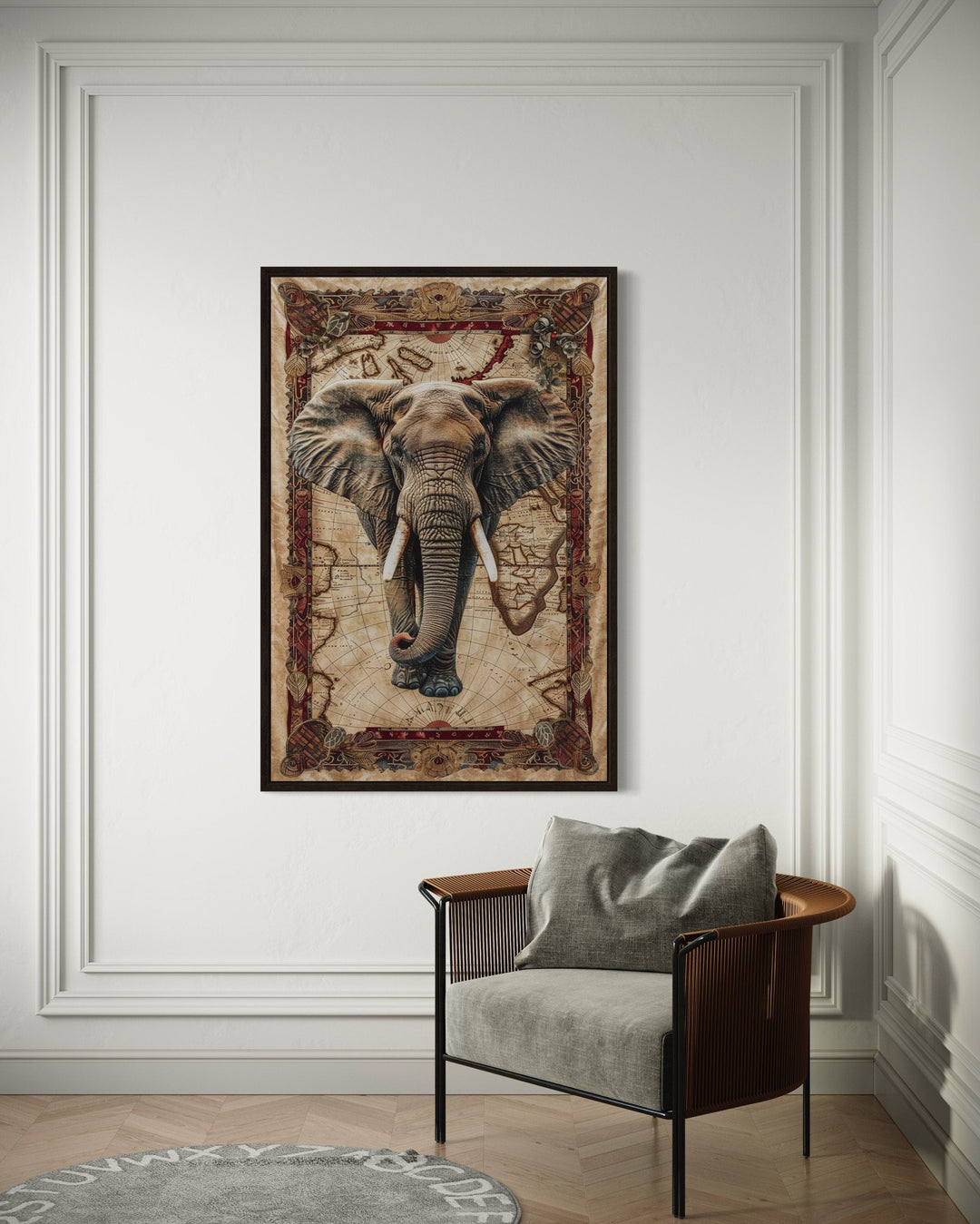 African Elephant On The Map Tapestry Style Painting Canvas Wall Art