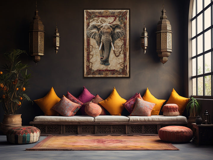 African Elephant On The Map Tapestry Style Painting Canvas Wall Art