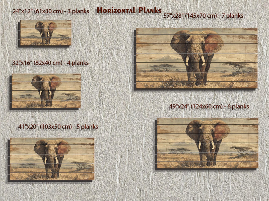 African elephant wall art on distressed horizontal wood planks in five different sizes.