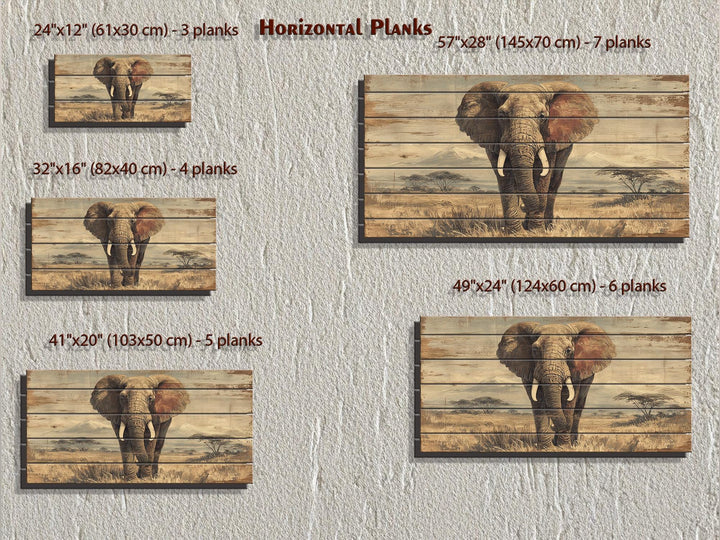 African elephant wall art on distressed horizontal wood planks in five different sizes.
