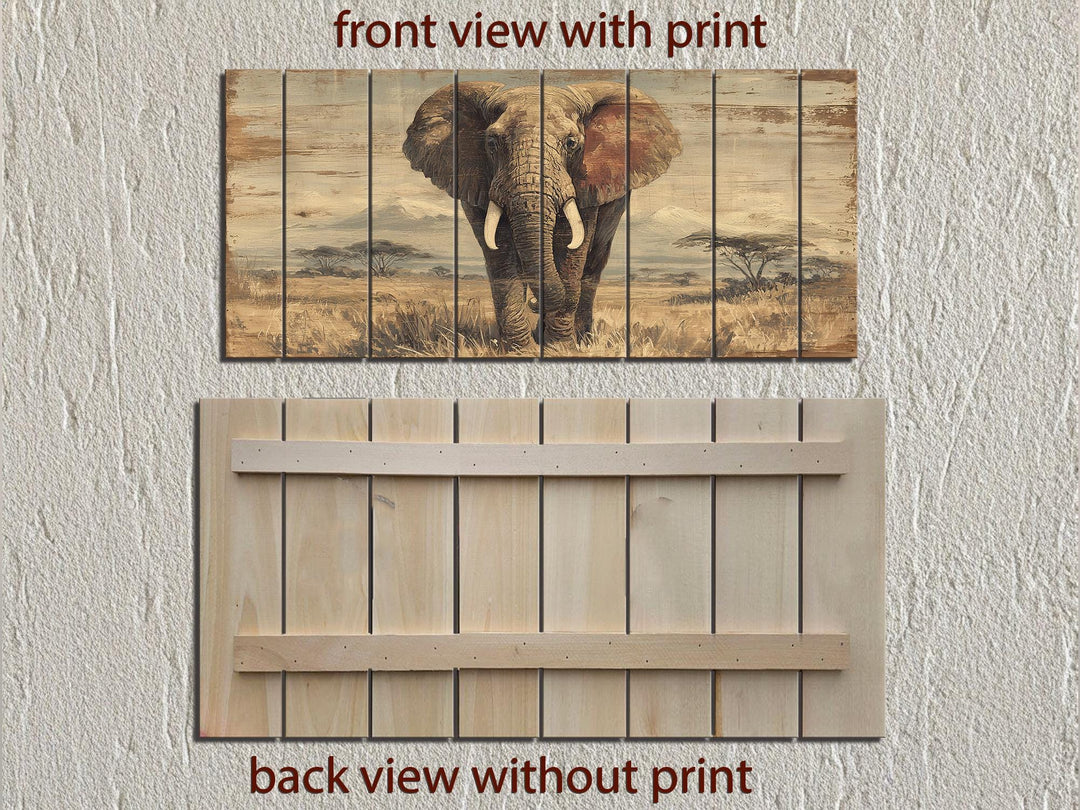 Front and back views of a rustic African elephant painting on distressed wood planks.