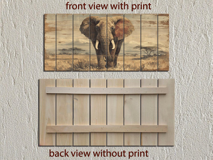 Front and back views of a rustic African elephant painting on distressed wood planks.