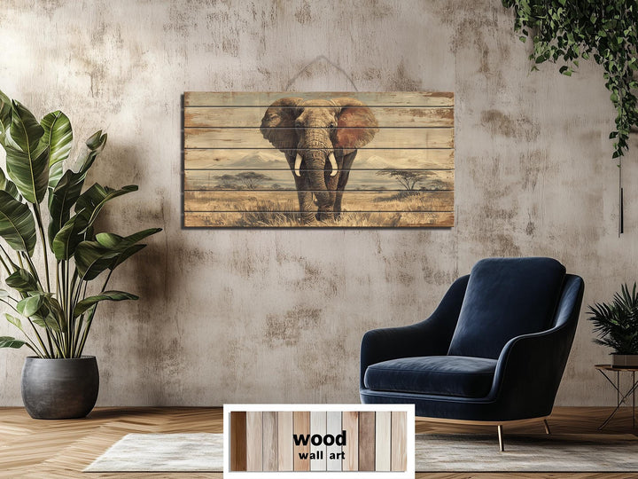 African elephant wall art on distressed wood planks in a rustic living room setting.