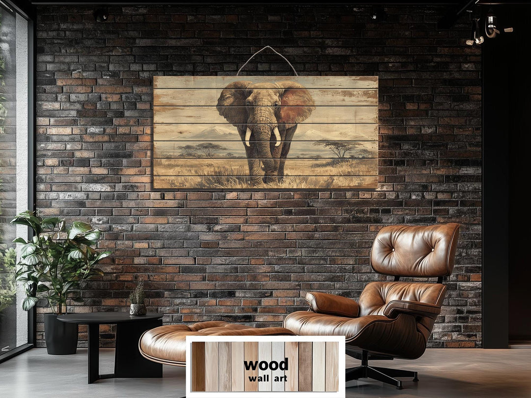 African elephant wall art on distressed wood planks in a rustic living room setting.