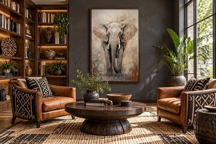 Extra large abstract framed canvas wall art of an African elephant in a modern living room.