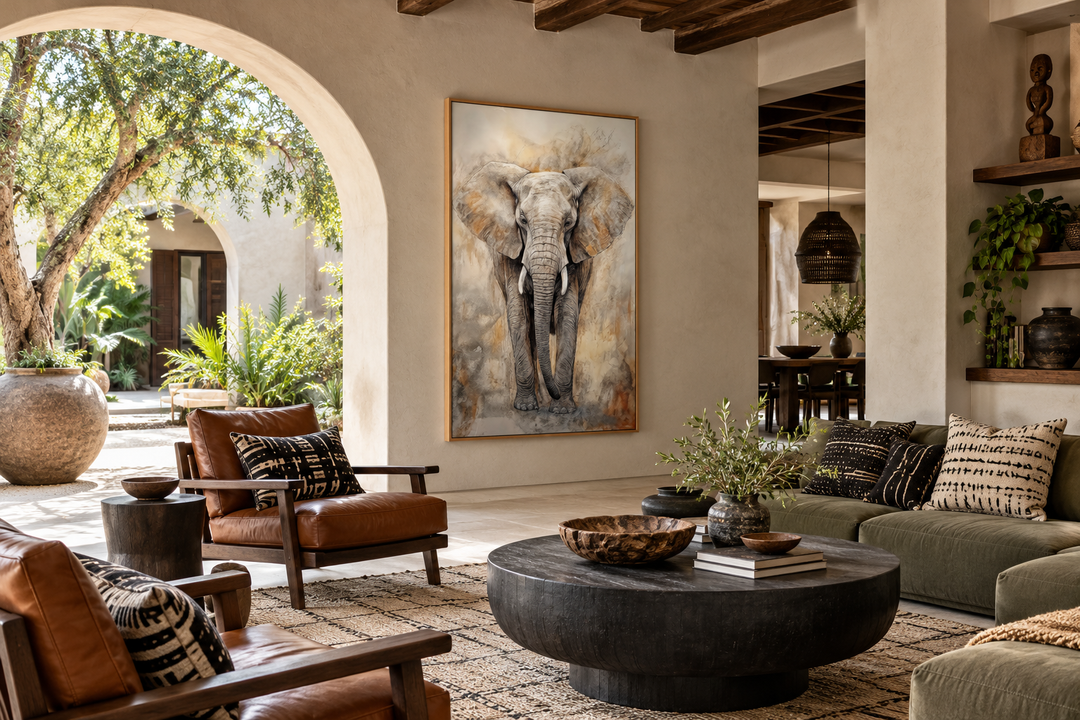 Extra large framed canvas wall art of an African elephant in an abstract style on a neutral wall.