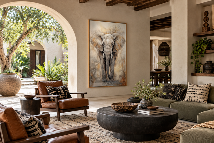Extra large framed canvas wall art of an African elephant in an abstract style on a neutral wall.