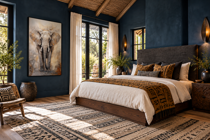 Extra large abstract framed canvas wall art of an African elephant in a dark blue bedroom.