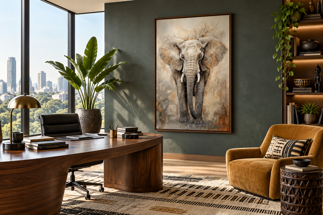 Extra large abstract framed canvas wall art featuring an African elephant in a modern office.