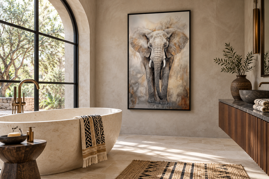Extra large abstract framed canvas wall art featuring an African elephant in a neutral bathroom.