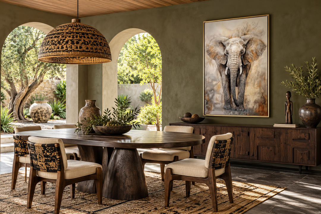 Extra large abstract framed canvas wall art featuring a majestic African elephant in a dining room.