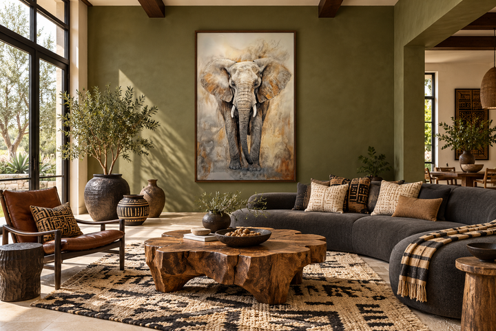 Extra large framed canvas wall art of an African elephant in an abstract style on an olive wall.