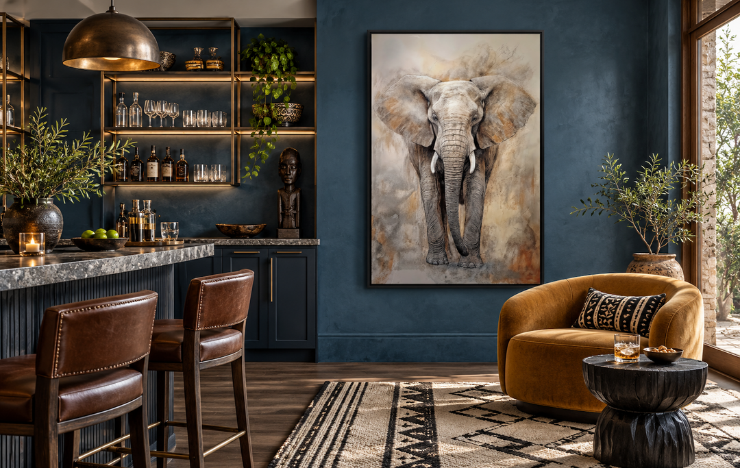 Extra large abstract framed canvas wall art featuring a majestic African elephant in a home bar.