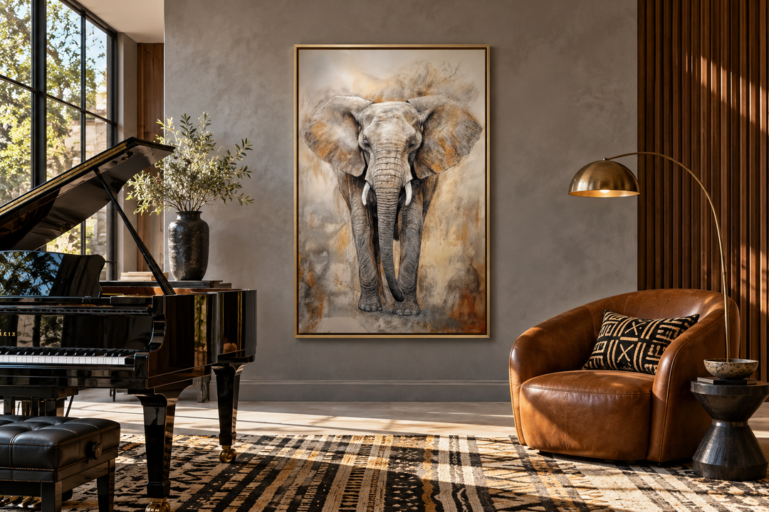 Extra large abstract framed canvas wall art featuring a majestic African elephant in neutral tones.