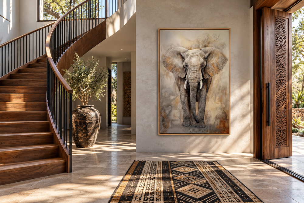 Extra large abstract framed canvas wall art of an African elephant in a modern entryway.