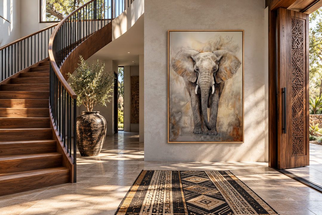 Extra large abstract framed canvas wall art of an African elephant in a modern entryway.
