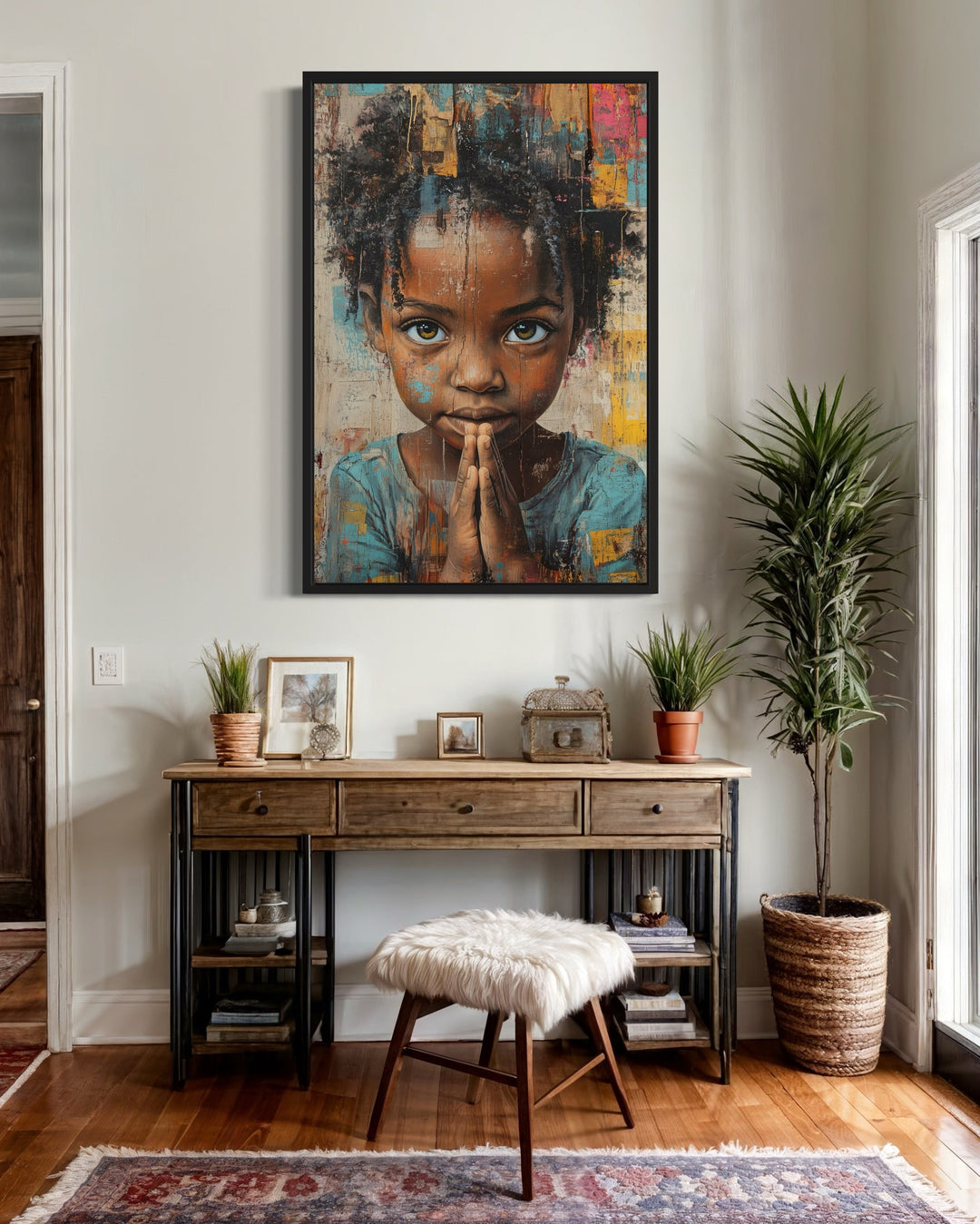 African Girl Praying Graffiti Painting Framed Canvas Wall Art