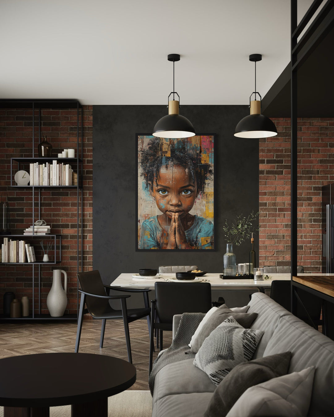 African Girl Praying Graffiti Painting Framed Canvas Wall Art