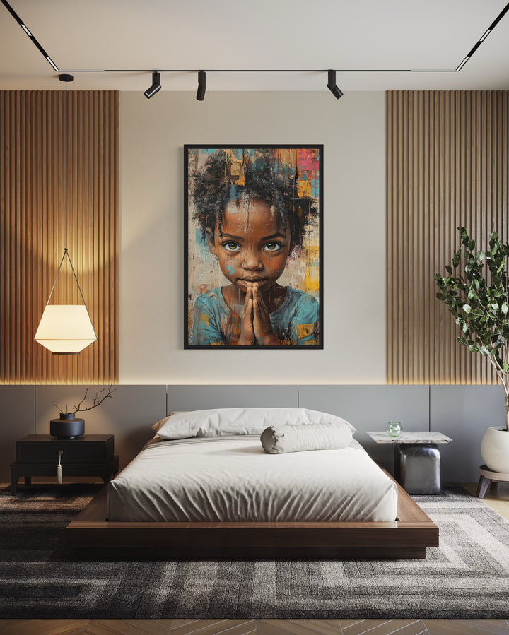 African Girl Praying Graffiti Painting Framed Canvas Wall Art