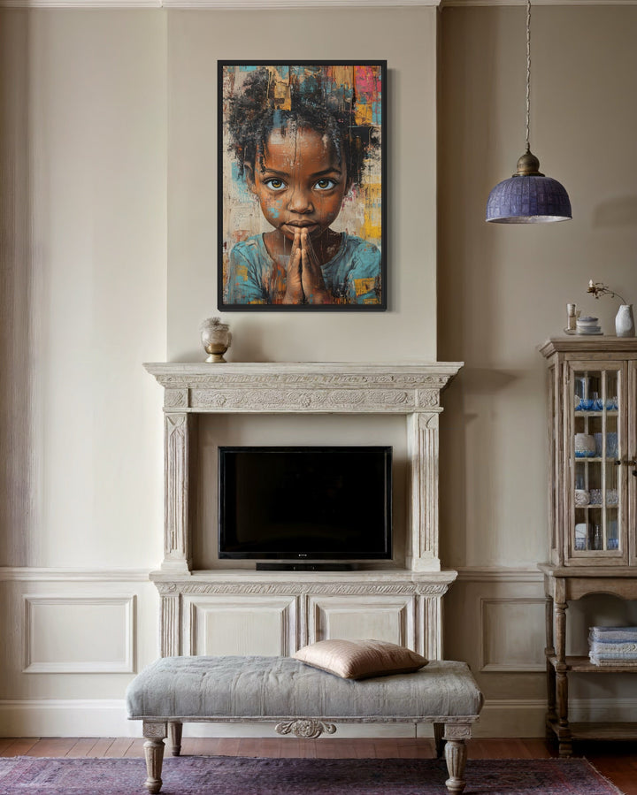 African Girl Praying Graffiti Painting Framed Canvas Wall Art