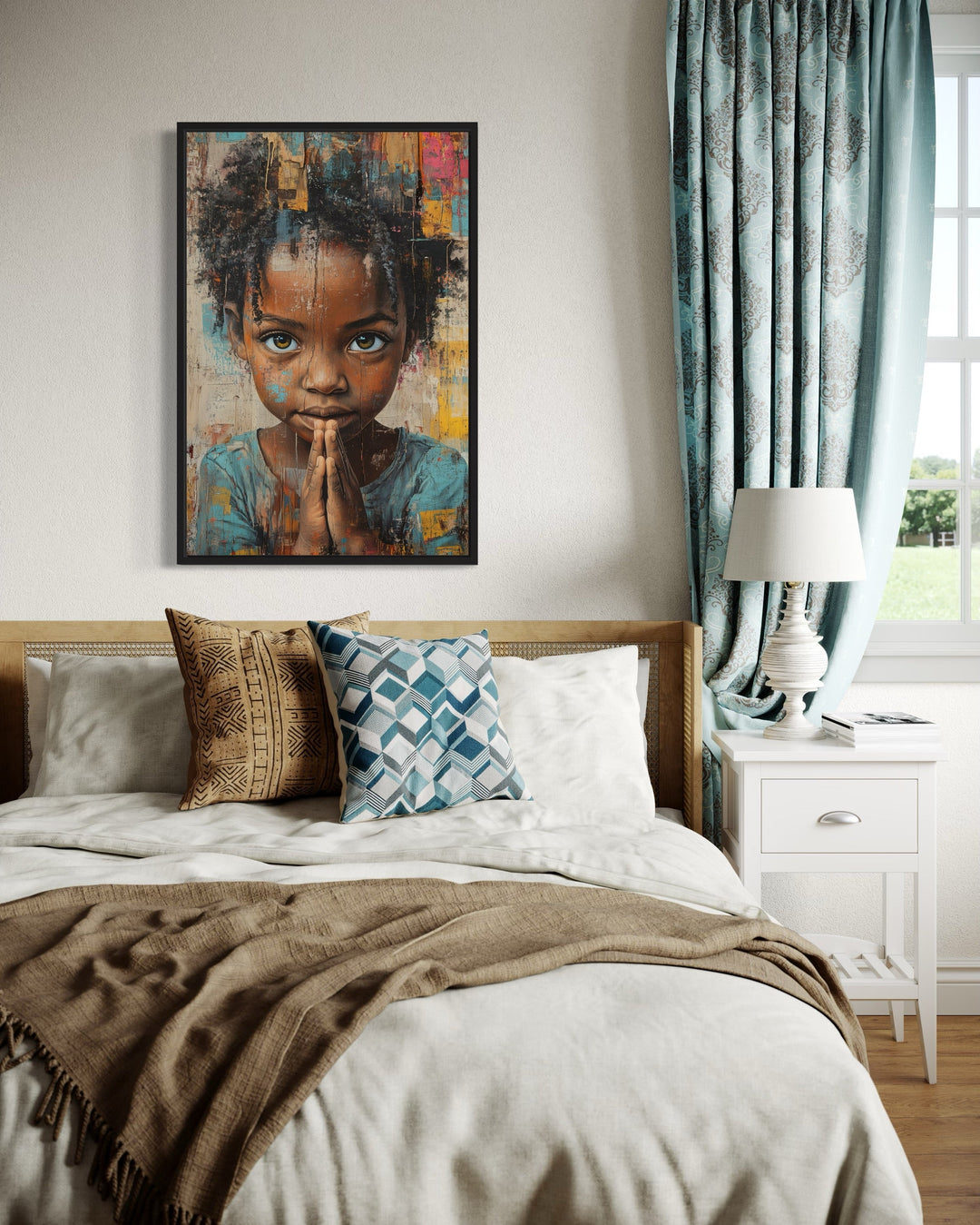 African Girl Praying Graffiti Painting Framed Canvas Wall Art