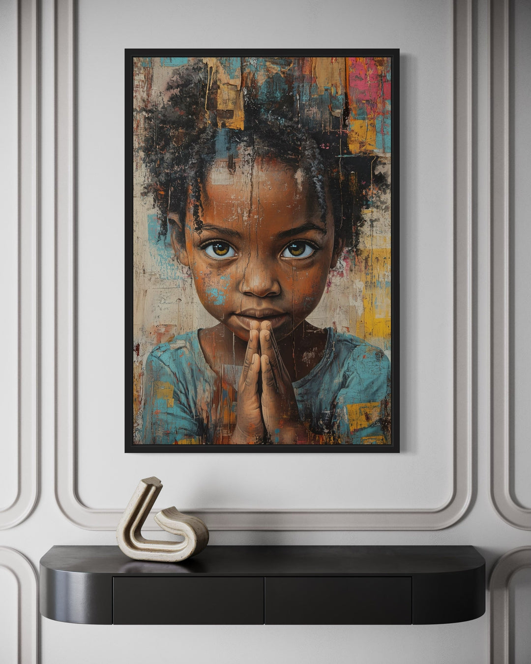 African Girl Praying Graffiti Painting Framed Canvas Wall Art