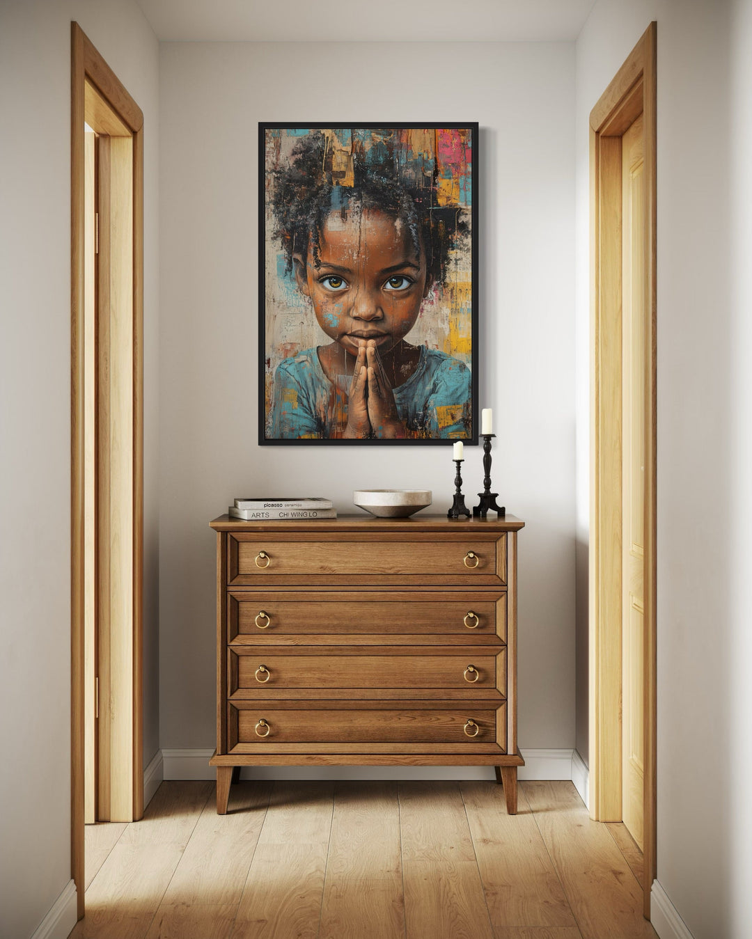 African Girl Praying Graffiti Painting Framed Canvas Wall Art