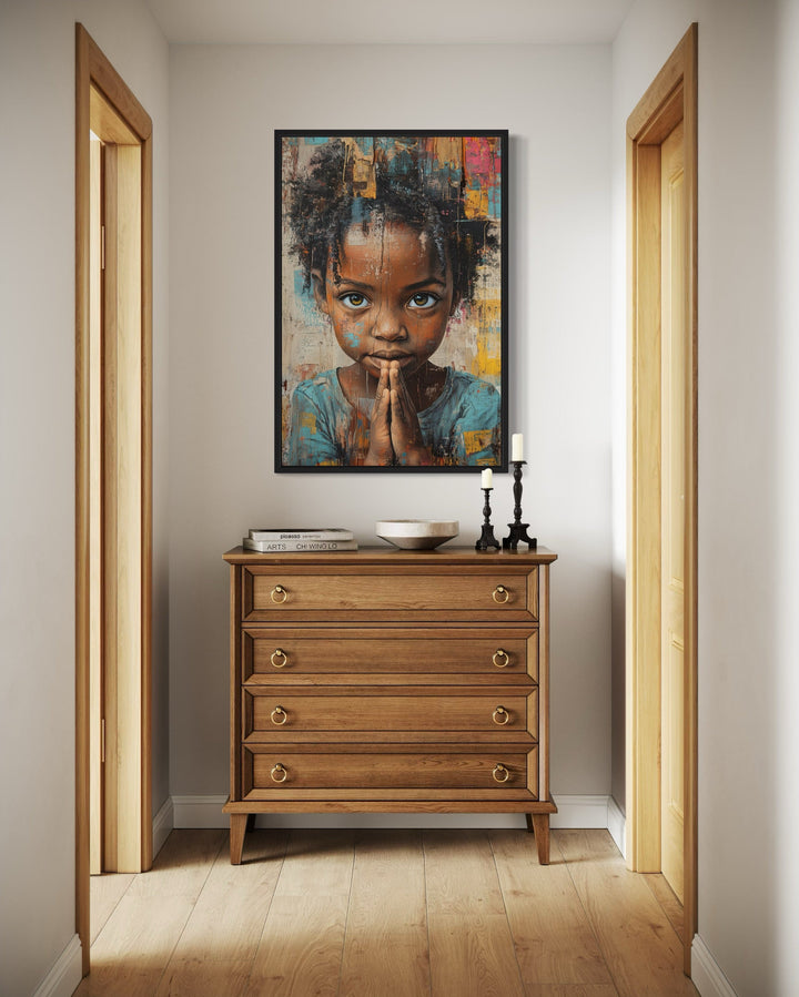 African Girl Praying Graffiti Painting Framed Canvas Wall Art