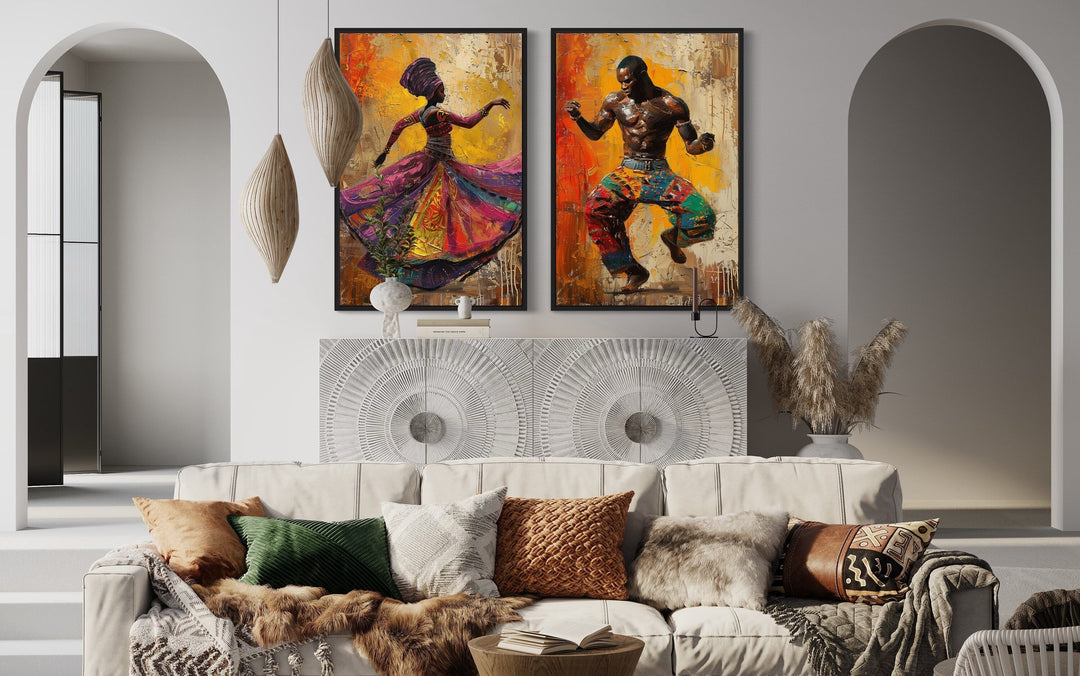 African Man And Woman Dancing Traditional Dance Framed Canvas Wall Art