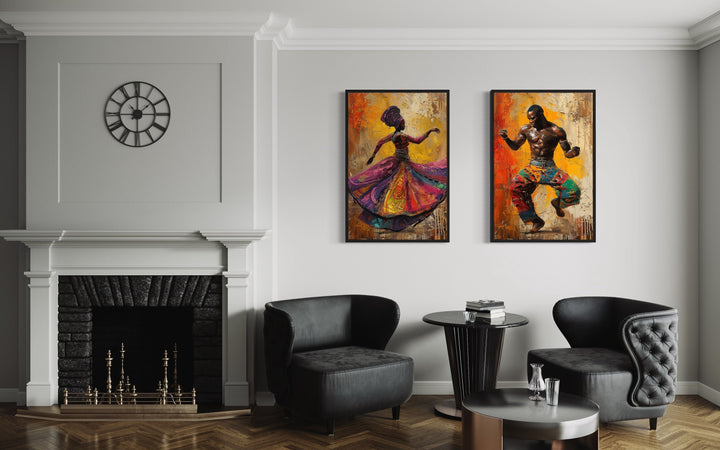 African Man And Woman Dancing Traditional Dance Framed Canvas Wall Art