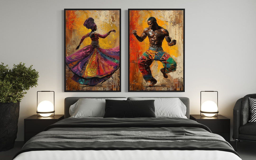 African Man And Woman Dancing Traditional Dance Framed Canvas Wall Art