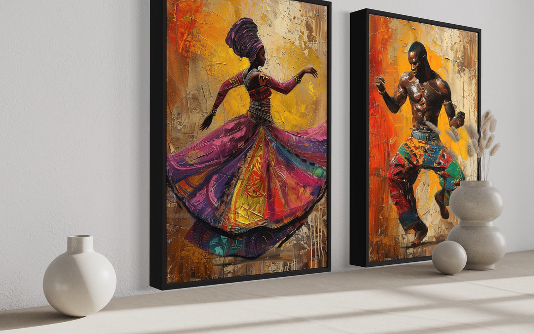 African Man And Woman Dancing Traditional Dance Framed Canvas Wall Art