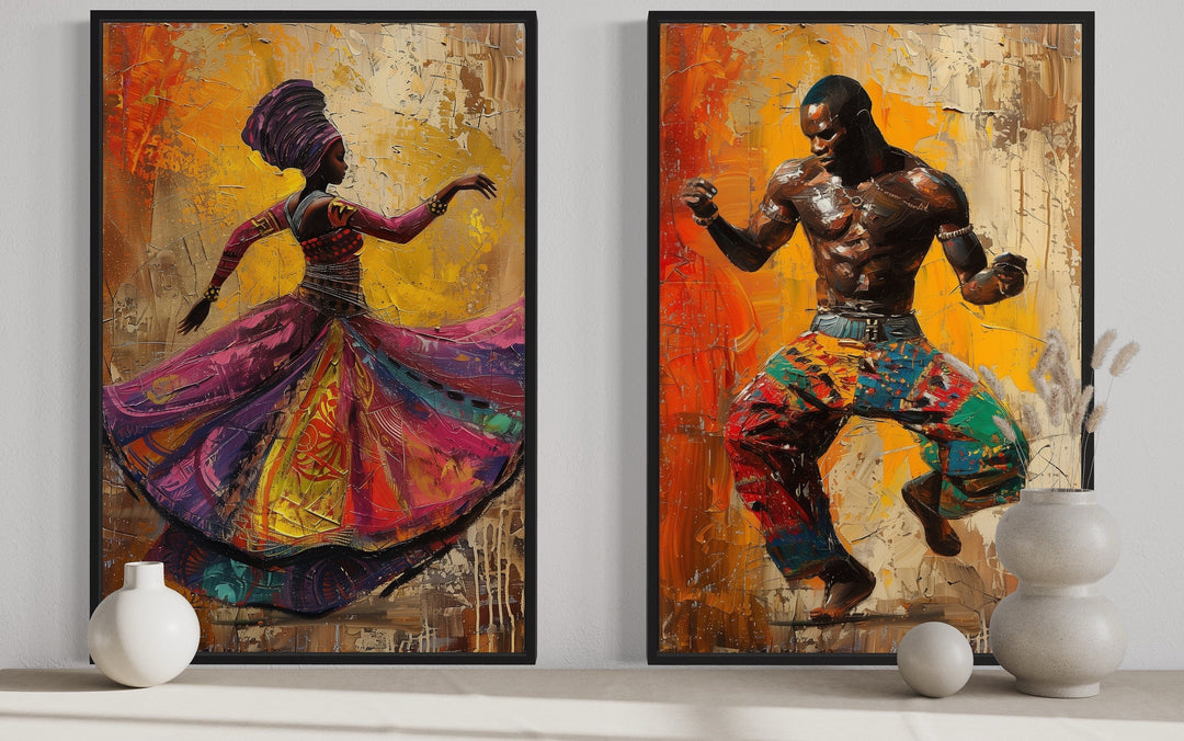 African Man And Woman Dancing Traditional Dance Framed Canvas Wall Art